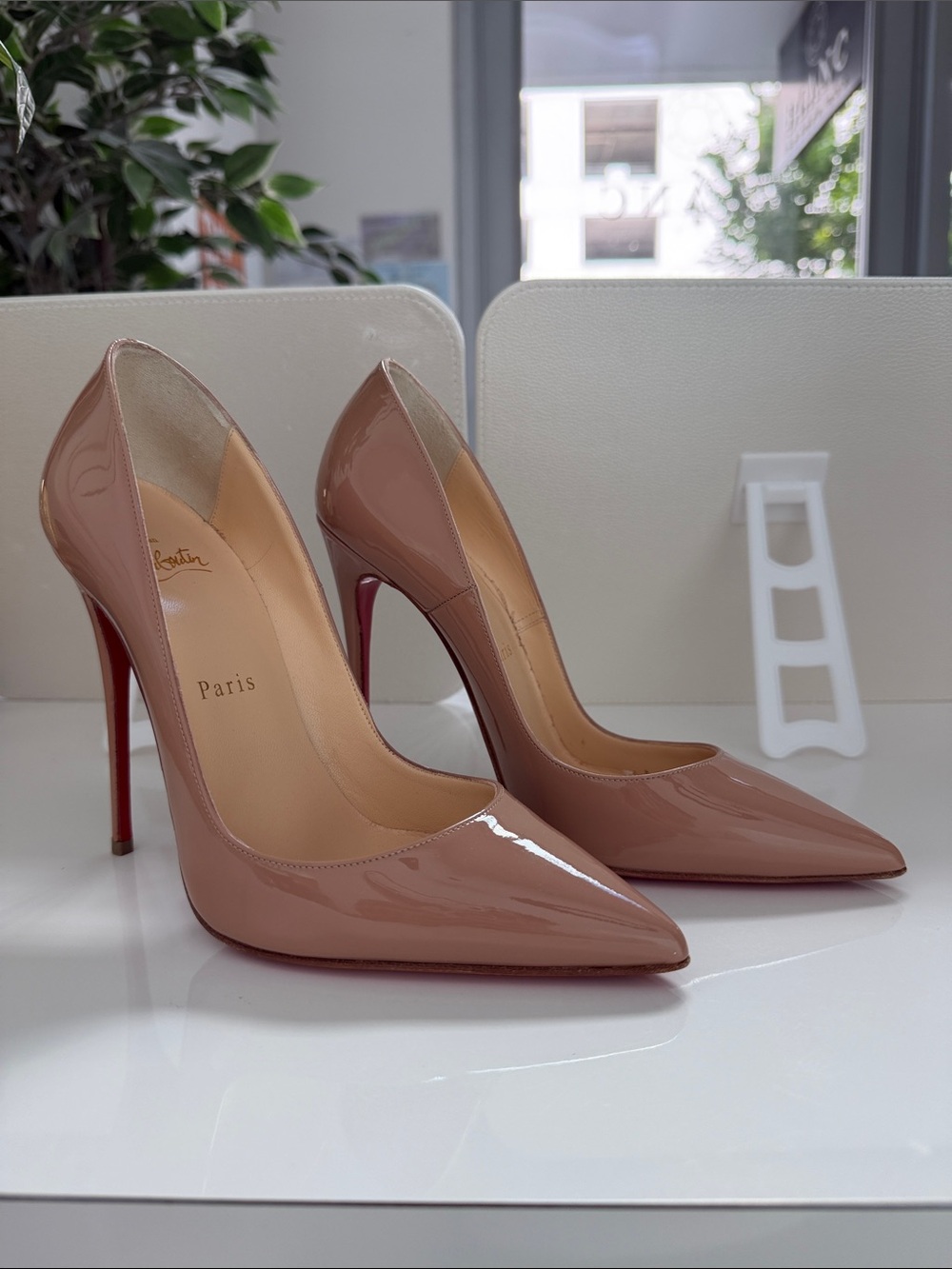 Christian Louboutin Nude Patent Leather Pointed Toe Pumps with Red Soles